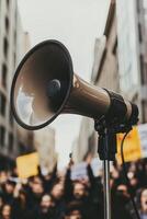 spirited speaker passionately addresses a crowd using a megaphone surrounded by supportive demonstrators holding signs in an urban setting. photo