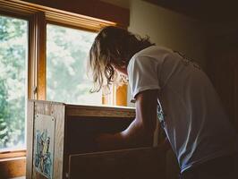 person is engrossed in building furniture in a home garage utilizing various tools while natural light enhances the cozy environment. photo