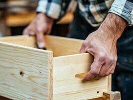 In a well lit garage a person focuses on assembling a wooden drawer as part of a DIY woodworking project showcasing craftsmanship and attention to detail. photo