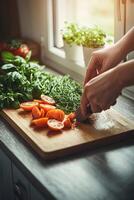 In a sunny modern kitchen a person is focused on chopping vibrant vegetables on a wooden board surrounded by fresh herbs and ingredients creating a healthy plant based meal. photo