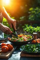 In a well lit kitchen filled with natural light someone skillfully chops vegetables for a healthy plant based meal surrounded by fresh ingredients on the counter. photo