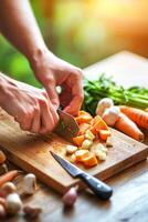 person is preparing a healthy plant based meal by chopping fresh vegetables. The kitchen is bright and organized with sunlight illuminating the wholesome ingredients. photo