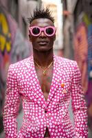 Dressed in bold colorful attire an individual confidently poses against a lively urban backdrop capturing attention amidst the crowd on a sunny day. photo