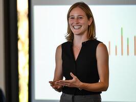 confident woman delivers a compelling pitch to investors highlighting key graphs on a projection screen in a minimalistic conference room surrounded by soft morning light. photo