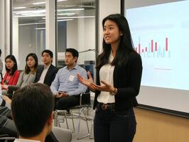confident woman in smart casual attire stands before a projection screen presenting her startup pitch to interested investors in a sleek conference room. photo
