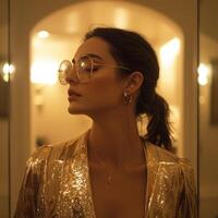 individual presents a unique fashion statement through distinctive clothing and accessories surrounded by reflective surfaces and moody lights. photo
