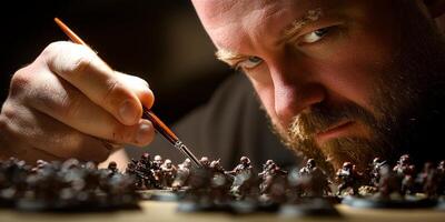 individual is deeply concentrated on painting detailed miniature models at a desk illuminated by a focused lamp showcasing artistic skill and dedication. photo