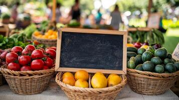 Baskets filled with vibrant organic vegetables are displayed at a busy market stall as people browse under the sunny sky. The atmosphere is lively and inviting. photo