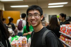 Volunteers work together at a food bank sorting and organizing supplies while sharing smiles in a warmly lit indoor environment promoting community support and engagement. photo
