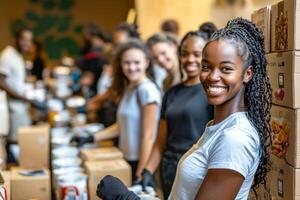 Volunteers are actively engaged in organizing food supplies at a local food bank smiling and supporting one another in a welcoming indoor environment. photo