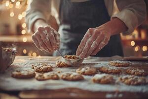 In a cozy kitchen illuminated by ambient light someone joyfully mixes cookie ingredients filling the space with warmth and delicious anticipation. photo