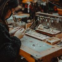 skilled artisan works diligently at a cluttered workbench meticulously crafting beautiful handmade jewelry with specialized tools and materials. photo