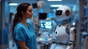 In a contemporary hospital a humanoid robot collaborates with a doctor showcasing the integration of artificial intelligence to improve patient care and efficiency. photo