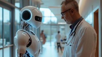 In a contemporary hospital setting a humanoid robot collaborates with a doctor demonstrating advanced AI technology in healthcare for improved patient assistance. photo
