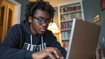 student is attentively participating in a virtual class working on a laptop in a well lit home study environment surrounded by books and warmth. photo