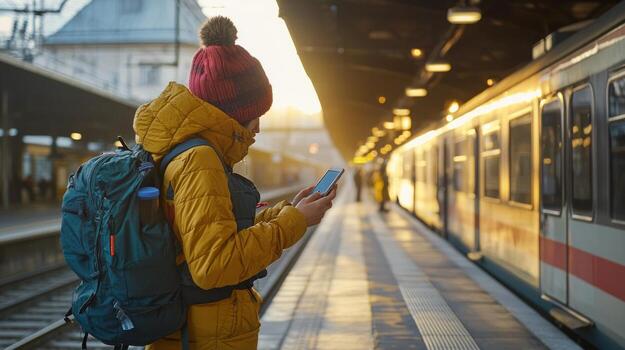 traveler with a backpack reviews health guidelines on a smartphone while waiting for a train at a station illuminated by morning light. photo