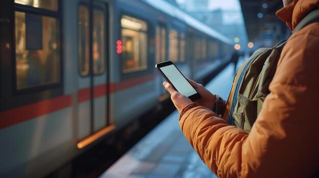 responsible traveler reviews health guidelines on their smartphone while waiting for a train at a bustling station during dawn. The atmosphere is busy and anticipatory. photo
