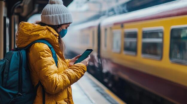 traveler in a warm coat and beanie is standing at a busy train station focused on their smartphone to check health guidelines before boarding their train. photo