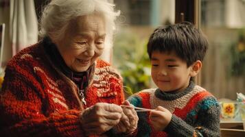 elderly woman patiently instructs a young boy on how to knit sharing her skills and wisdom in a warm inviting environment. Their connection highlights a beautiful bond. photo