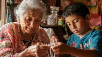 elderly woman patiently guides a young boy as he learns to knit illustrating the joy of passing down skills across generations in a vibrant welcoming space. photo