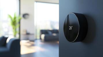 smart thermostat is being effortlessly adjusted via voice control showcasing its sleek design in a stylish modern living room filled with natural light. photo