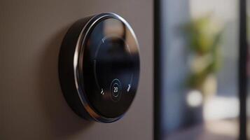 close up view displays a smart thermostat being adjusted through voice control showcasing its sleek design and user friendly interface in a stylish living space. photo