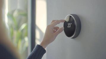 user is adjusting the smart thermostat through voice control showcasing its sleek design and modern functionality in a cozy home environment. photo