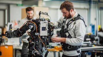 Two engineers are testing a robotic exoskeleton suit in a lab focusing on its capabilities to enhance human movement and strength through innovative technology. photo