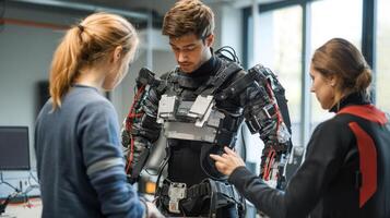 Engineers are testing a robotic exoskeleton suit in a state of the art lab focusing on innovations aimed at improving human capabilities and mobility. photo