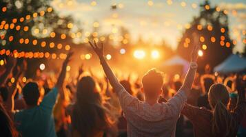 lively group of friends dances energetically enjoying the music at a bustling outdoor concert. The warm sunset casts a magical glow enhancing the joyful atmosphere. photo