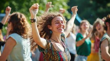 vibrant group of friends dance enthusiastically at an open air concert embracing the return of communal events under the warm sunlight spreading joy and energy. photo
