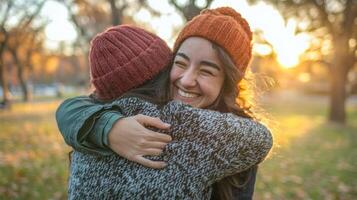 Two friends share a joyful reunion in a park exchanging warm hugs and smiles as they reconnect in the golden light of the setting sun. photo