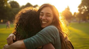 Friends meet again in a park sharing heartfelt embraces and laughter as they celebrate their reunion filled with joy and relief after the pandemic. photo