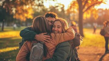 group of friends celebrates their reunion with warm embraces in a park radiating genuine happiness as they reconnect after the pandemic. photo