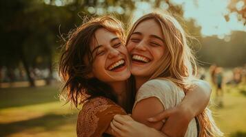 In a sunlit park two friends share warm embraces and laughter reflecting genuine joy and connection as they reunite after a long time apart. photo