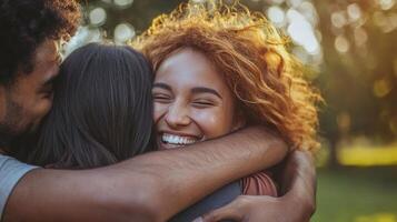 Three friends embrace in a park with genuine smiles sharing moments of happiness and connection after a long time apart due to the pandemic. photo