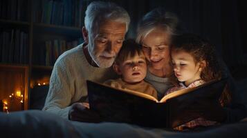 In a warm inviting room grandparents read a cherished bedtime story to their eager grandchildren creating lasting family bonds and memories together. photo