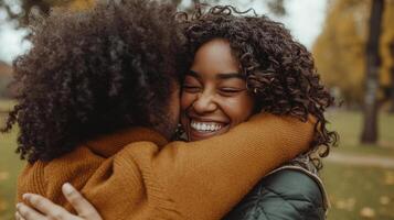 Two friends share a heartfelt embrace in a park radiating joy and connection as they reconnect after the challenges of the pandemic. photo