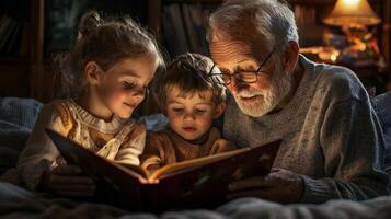 Two grandchildren listen intently as their grandparents read a bedtime story together creating a warm and nurturing atmosphere in their cozy home. photo