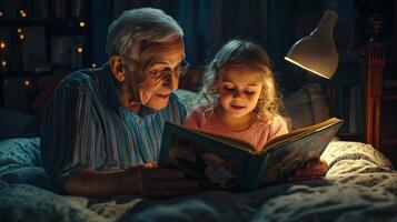 grandfather reads a bedtime story to his young granddaughter in a softly lit bedroom capturing the warmth of family traditions and cherished memories. photo