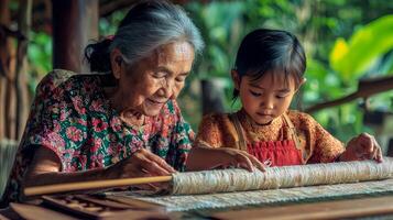 elderly grandparent teaches a young grandchild the art of weaving emphasizing the importance of passing down traditional crafts in a tranquil lush environment. photo