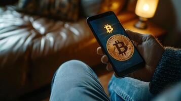 person sits on a couch at home excitedly viewing a notification on their smartphone that confirms a successful cryptocurrency transaction illuminated softly by lamp light. photo