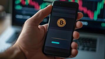 person receives a notification on their smartphone indicating a successful cryptocurrency transaction while market charts display price trends on a laptop nearby. photo