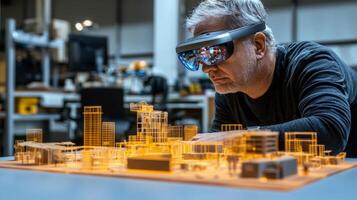 user explores virtual models of urban structures through augmented reality glasses merging digital visualization with real life elements in a contemporary workspace. photo
