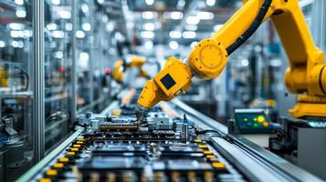 robotic arm expertly assembles electronic components on a cutting edge production line showcasing the efficiency of automation in manufacturing processes. photo