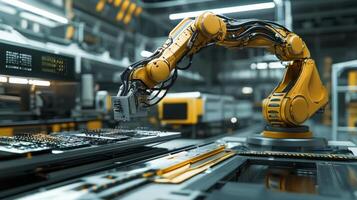 robotic arm skillfully assembles electronic parts on an advanced production line showcasing the precision and efficiency of automation in contemporary manufacturing. photo