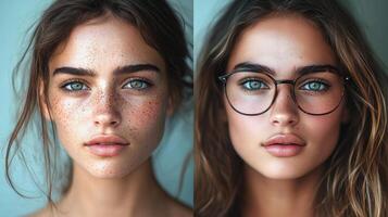 young woman is depicted in two contrasting styles. On one side her natural beauty is highlighted while the other showcases her curated social media persona with makeup and glasses. photo