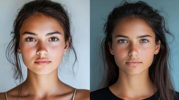 portrayal highlights the difference between a natural look and a carefully crafted online persona emphasizing authenticity versus curated beauty in youth. photo