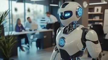 sleek humanoid robot interacts effortlessly with office workers showcasing the integration of AI in everyday tasks within a high tech workspace. photo