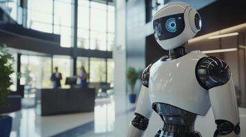 In a contemporary office a humanoid robot engages with employees highlighting the seamless integration of artificial intelligence into everyday tasks and interactions. photo